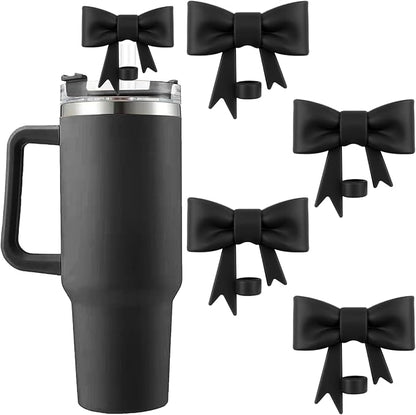 4Pcs Silicone Straw Toppers Covers for Stanley Cups 40/30oz 10mm(0.4in) Dust-Proof Bow Straw Covers Toppers Suitbale for Stanley Cup Accessories Reusable Straws Caps (Black)