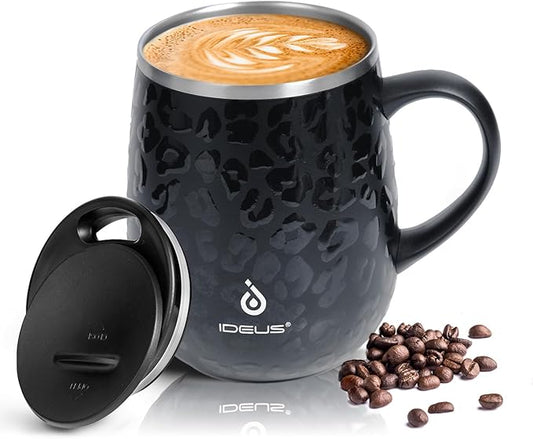 Ideus 16 oz (470 ml) Insulated Coffee Mug with Handle and Lid, Double Wall Stainless Steel Vacuum Thermal Coffee Mug, Travel Coffee Cup Thermal Cup for Home and Office, Leopard Black
