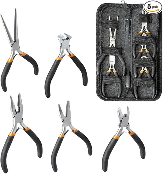 LIFEGOO 5 Pieces Mini Pliers Set – Durable Precision Tool Kit for Crafts, Jewelry & DIY, Includes Long Needle Nose, Bent Nose, Diagonal, End Cutting, Nipper (Black)