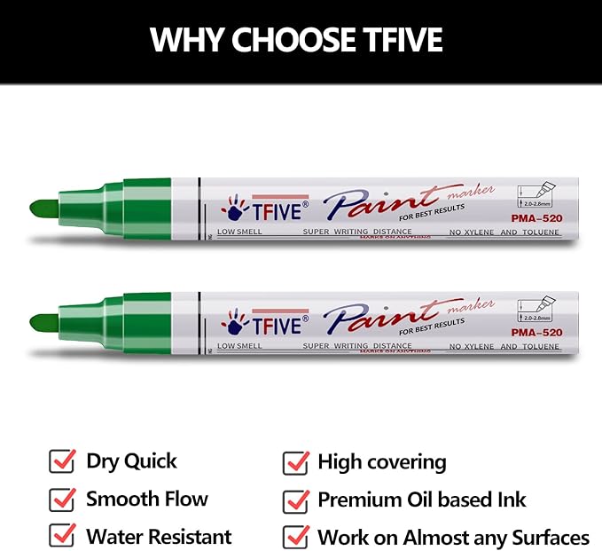TFIVE Green Permanent Paint Marker Pens - 2 Count Oil Based Marker Pen, Medium Tip, Waterproof & Quick Dry, for Office, Art projects, Rock Painting, Ceramic, Glass, Wood, Plastic, Metal, Canvas