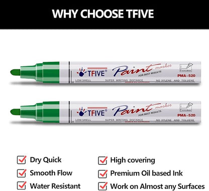 TFIVE Green Permanent Paint Marker Pens - 2 Count Oil Based Marker Pen, Medium Tip, Waterproof & Quick Dry, for Office, Art projects, Rock Painting, Ceramic, Glass, Wood, Plastic, Metal, Canvas