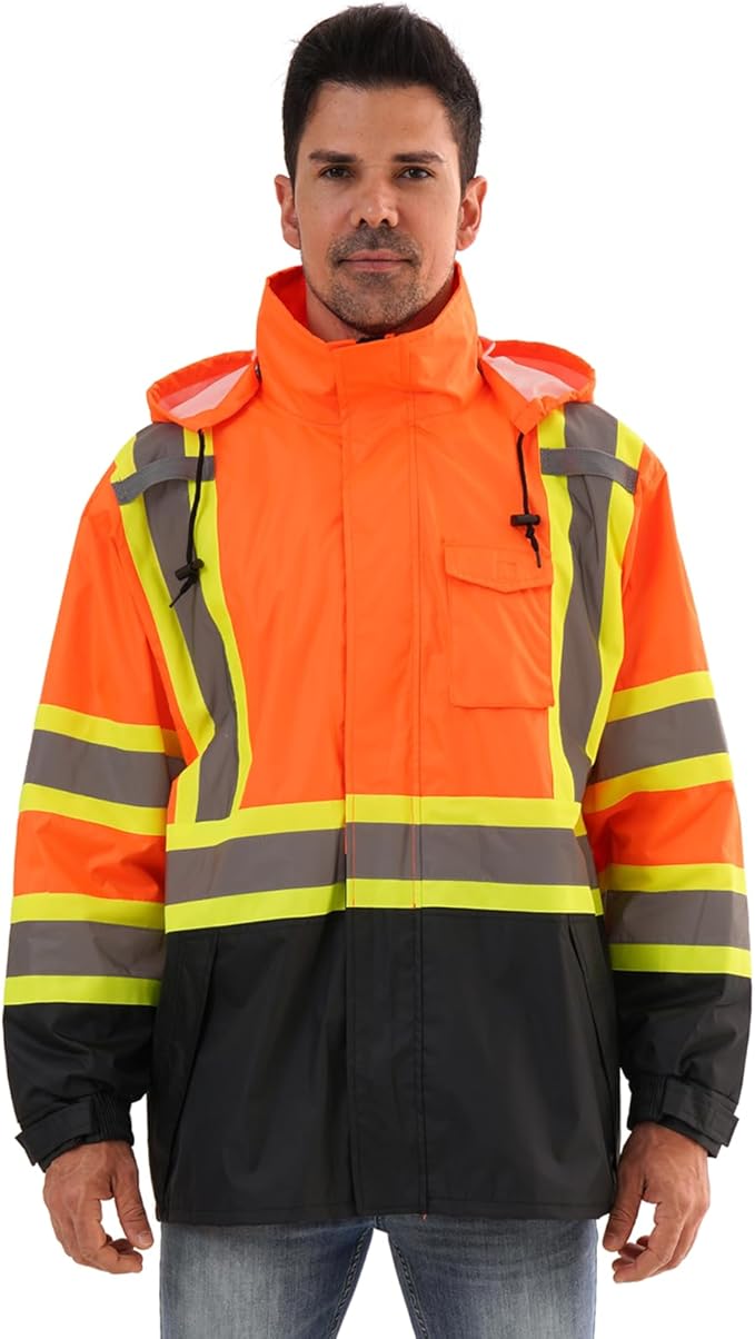 Reflective Rain jackets for men waterproof,Hi Vis Safety Coat With Reflective Strips，High Visibility Class 3 Rain jackets With 2 large pockets，Zipper,Orange,4XL/5XL