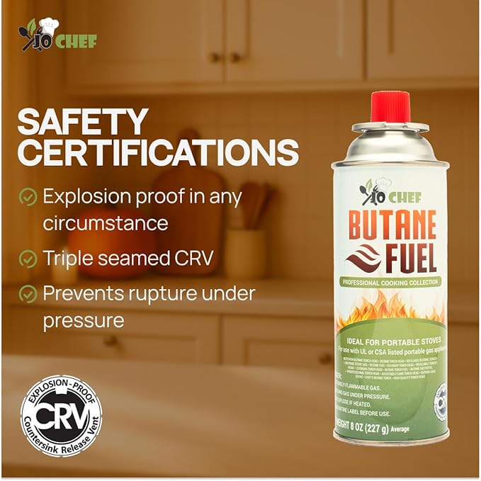 Jo Chef Butane Fuel Canister, 8 oz Butane Cylinder - Pure Refined Gas for Camping Stove or Creme Brulee Blow Torch, 2 Cans