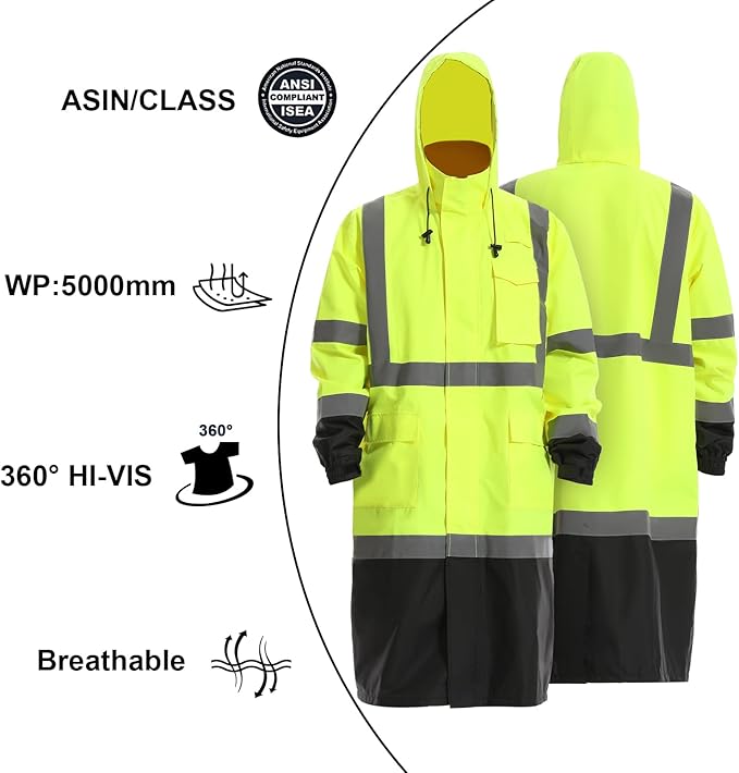 Reflective Rain jackets for men waterproof,Hi Vis Rain Coat With 3M Reflective Strips，High Visibility Class 3 Rain Gear With 2 large pockets，Zipper,Black Bottom Lime,Small
