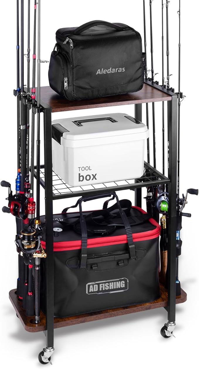 Fishing Rod Holders for Garage, Fishing Gear Tackle Cart Fishing Pole Organizer, Fishing Gear Storage Racks Holds up to 10 Rods or Combos, Fits All Fishing Rods