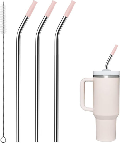 Metal Straws with Silicone Tip for Stanley 40 oz Tumbler,Reusable Straws for 40 oz Tumbler,3 Bendy 13.3" and 3 Light Pink Silicone StrawTips,1 Straw Cleanr Brush