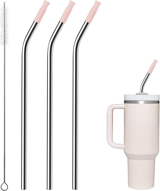 Metal Straws with Silicone Tip for Stanley 40 oz Tumbler,Reusable Straws for 40 oz Tumbler,3 Bendy 13.3" and 3 Light Pink Silicone StrawTips,1 Straw Cleanr Brush