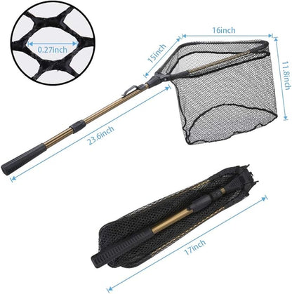YVLEEN Folding Fishing Net - Foldable Fish Landing Net Robust Aluminum Telescopic Pole Handle and Nylon Mesh 16inch Hoop Size