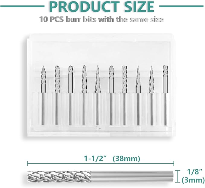 CATITO Carbide Burr Set Die Grinder Bit, 10Pcs 1/8" Shank Double Cut Carbide Rotary Burr Set for Steel, Wood and Metal Working, Engraving, polishing and Cleaning.