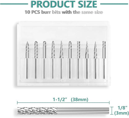 CATITO Carbide Burr Set Die Grinder Bit, 10Pcs 1/8" Shank Double Cut Carbide Rotary Burr Set for Steel, Wood and Metal Working, Engraving, polishing and Cleaning.
