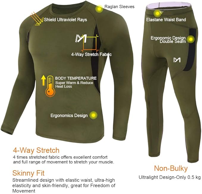 Thermal Underwear for Men, Winter Gear Long Johns Base Layer Top and Bottom Set for Skiing Running