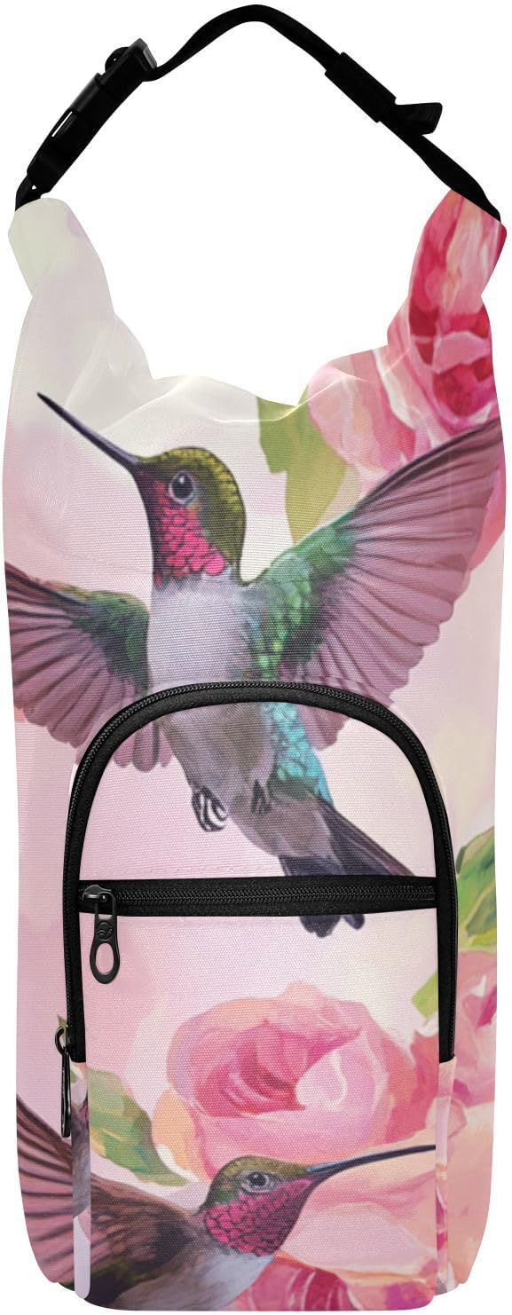 Pink Anna Hummingbird and Rose Water Bottle Holder with Strap Insulated Water Bottle Carrier Crossbody Bags Pouch with Phone Pocket for Travel Gym Hiking Walking Running
