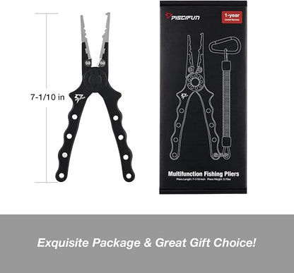 Piscifun Fishing Pliers, Saltwater Fishing Pliers with Split Ring, Fish Hook Remover, Corrosion Resistance Fly Fishing Pliers with Braid Cutters, Sheath and Lanyard, Fishing Gear Gifts for Men