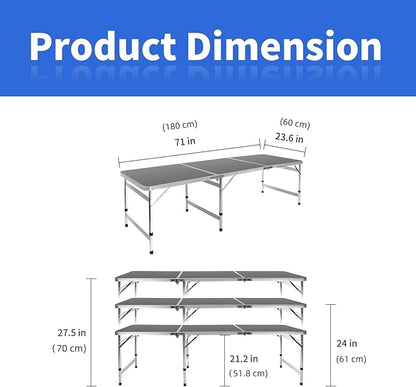 Camping Table 6FT Folding Table Large 3 Adjustable Height Portable Picnic Camp Aluminum Outdoor Table Picnic BBQ Black