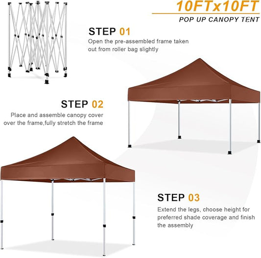 10x10 Pop Up Canopy Tent for Outdoor Commercial Instant Sun Shelter, Brown