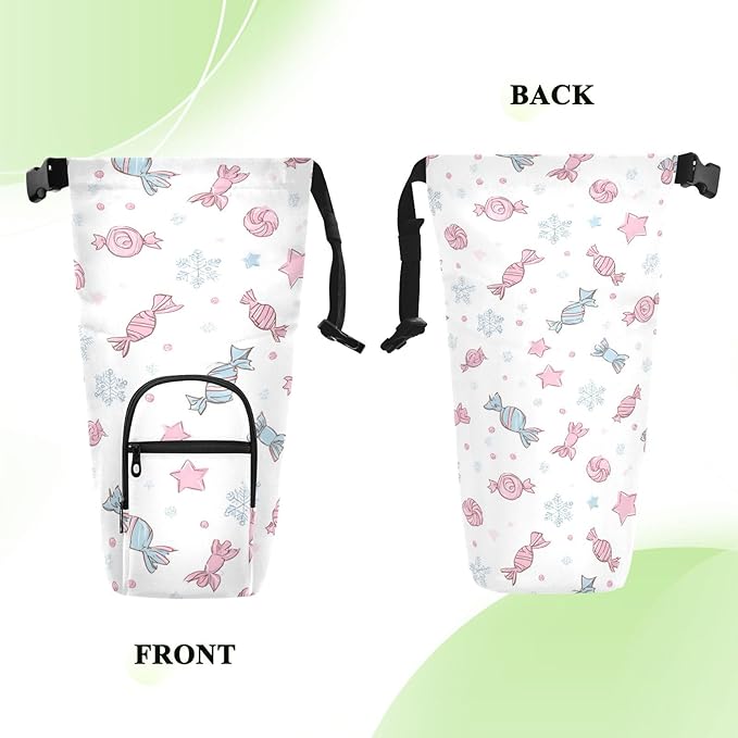 Candies Bows Stars Snowflake Water Bottle Holder with Strap Insulated Water Bottle Carrier Crossbody Bags Pouch with Phone Pocket for Travel Gym Hiking Walking Running
