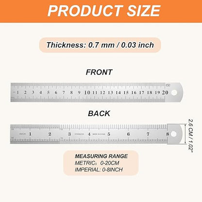 HARFINGTON Steel Ruler 8" x1-1/32 Machinist Metal Ruler Carbon Steel Metric Straight Edge Measuring Tools 0.6mm Thick for Engineering Architect Drawing Home Office