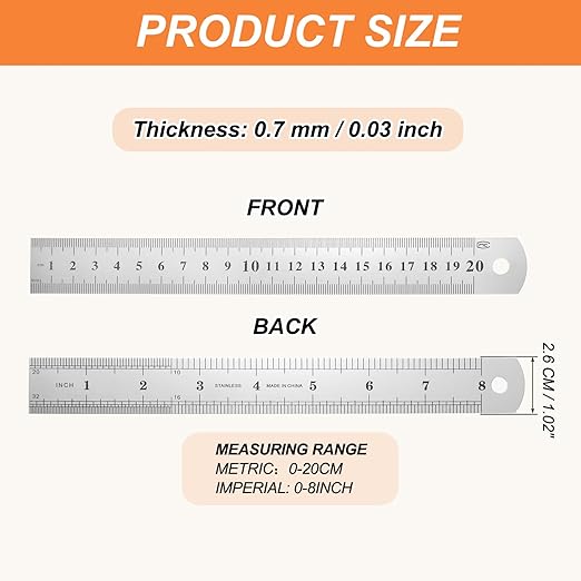 HARFINGTON 12 Pcs Steel Ruler 8" x1-1/32 Machinist Metal Ruler Carbon Steel Metric Straight Edge Measuring Tools 0.6mm Thick for Engineering Architect Drawing Home Office