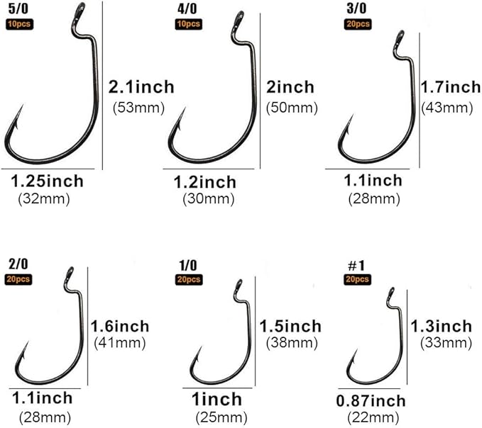 UCEC Fishing Hooks, 140PCS/ 100PCS/ 60PCS EWG Offset Worm Hooks Bass Hooks Wide Gap 2X Strong Senko Bait Texas Rig Jig Fish Hooks for Bass Trout Saltwater Freshwater Size:#4#2#1 1/0 2/0 3/0 4/0 5/0
