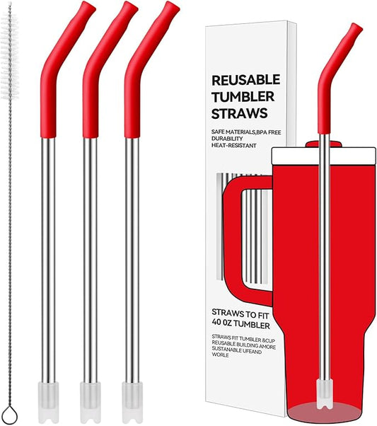 Reusable Metal Straws with Silicone Tip for Stanley 40oz,Stainless Steel Drinking Straws for 40oz Tumbler,3 Straight Tubes & 6 Tips& 1 Cleanr Brush(Chili)