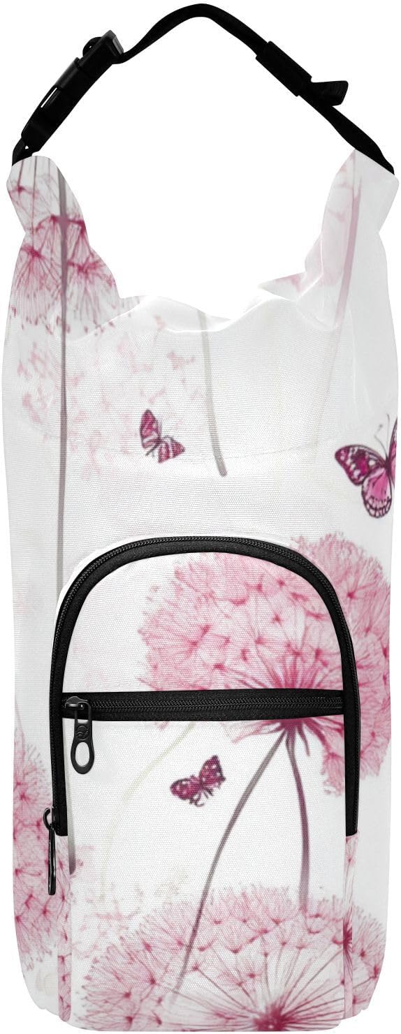 Pink Dandelion and Butterfly01 Water Bottle Holder with Strap Insulated Water Bottle Carrier Crossbody Bags Pouch with Phone Pocket for Travel Gym Hiking Walking Running