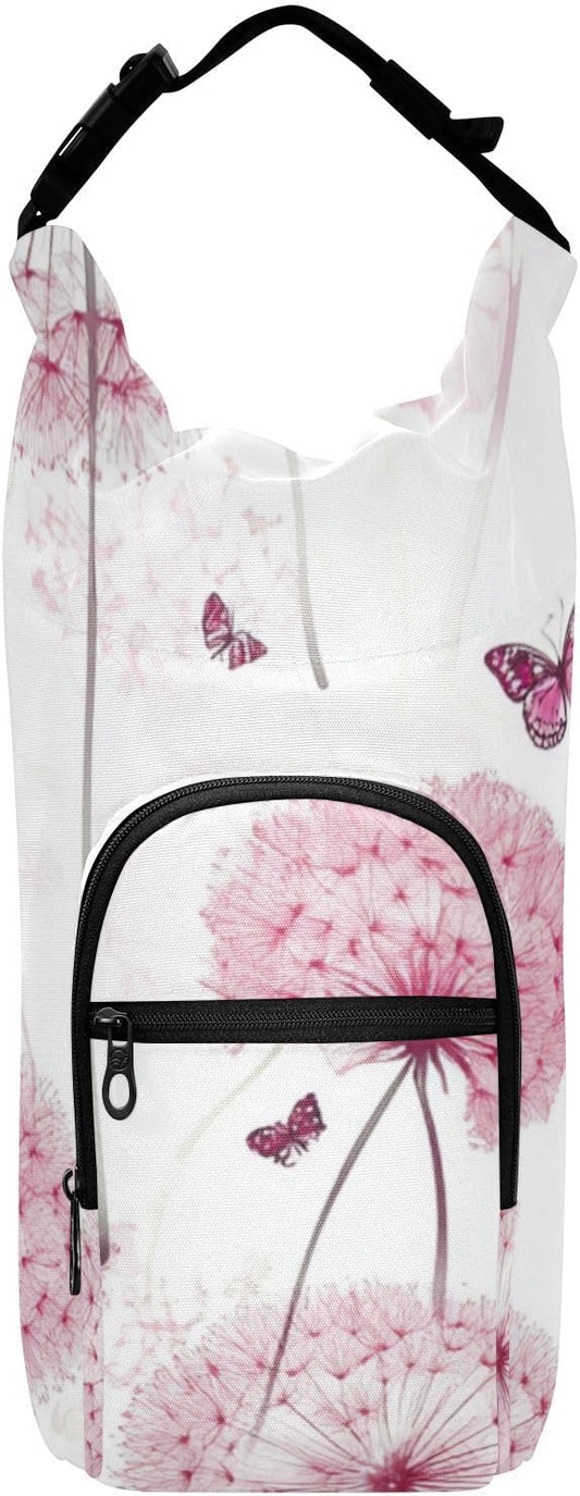 Pink Dandelion and Butterfly01 Water Bottle Holder with Strap Insulated Water Bottle Carrier Crossbody Bags Pouch with Phone Pocket for Travel Gym Hiking Walking Running