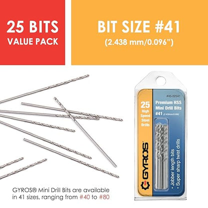 GYROS 25 PCS #41 Micro Drill Bit Set – Small Drill Bits for Jewelry, Plastic, Resin, & Soft Metal – High-Speed Steel Wire Gauge Mini Twist Drill Bit Set for Pin Vise Hand Drill & Rotary Tool
