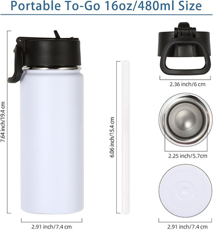 Volhoply 16 OZ Kids Water Bottle Bulk 2 Pack,Insulated Sports Bottles with Straw Lid,Stainless Steel Bottle with Handle Keep Cold & Hot,Double Wall Vacuum Tumbler Cups for School,Girls(White, 2)