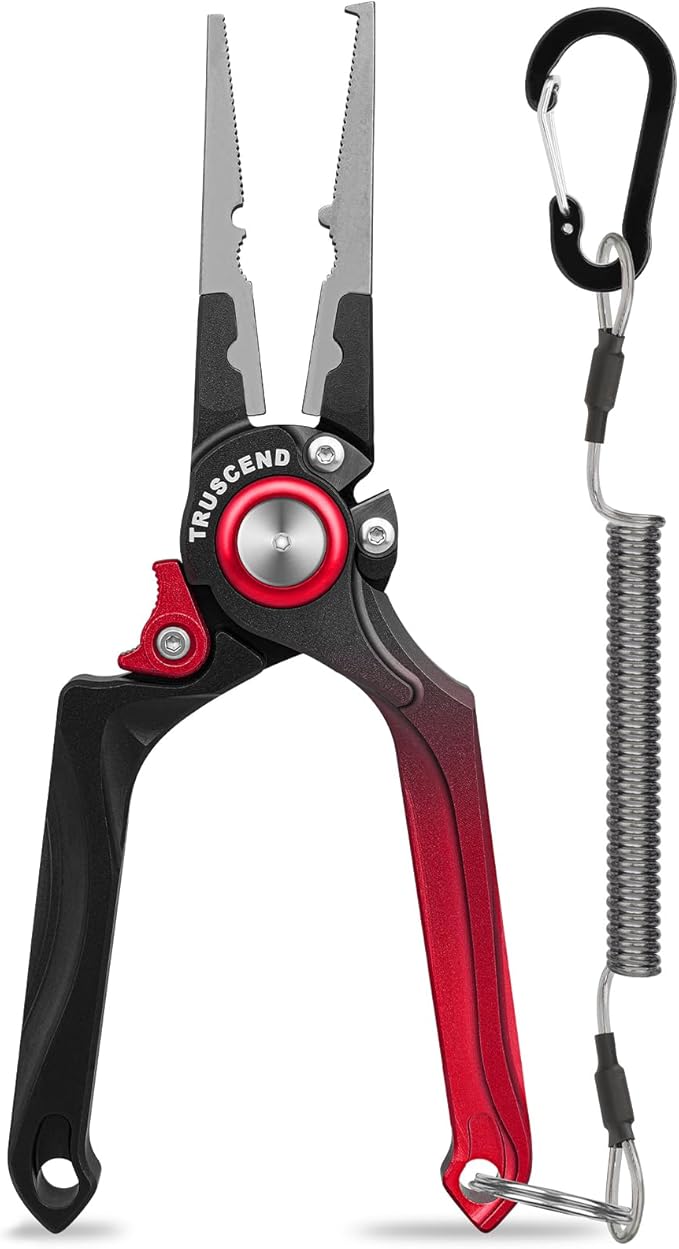 TRUSCEND Lockable Handy Fishing Pliers with Innovative Ergonomical Handle, Corrosion Saltwater Resistant Teflon Coated Fishing Tool, Multi-Function Fishing Gear with Mo-V Cutter, Fishing Gifts for Men
