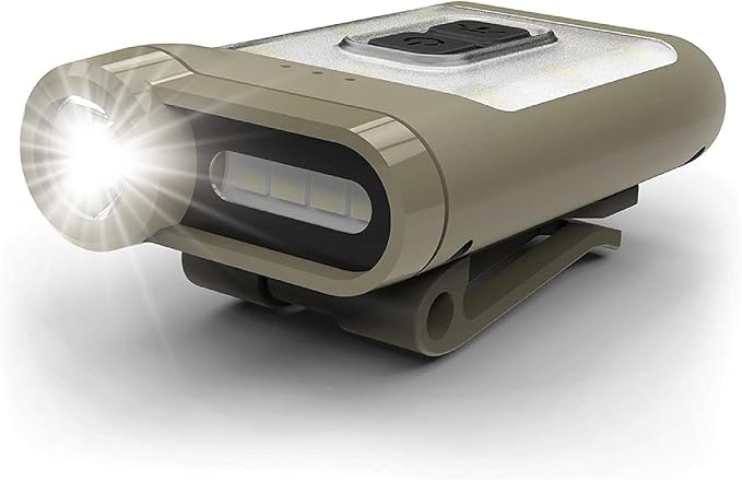 Claymore Capon 65A+ Tan Ultra-Light Clip-On Cap Light – USB-C Rechargeable 230LM LED Compact Headlamp | 3 Modes IP54 Water-Resistant Up to 19 Hrs Runtime for Camping, Running, Outdoor