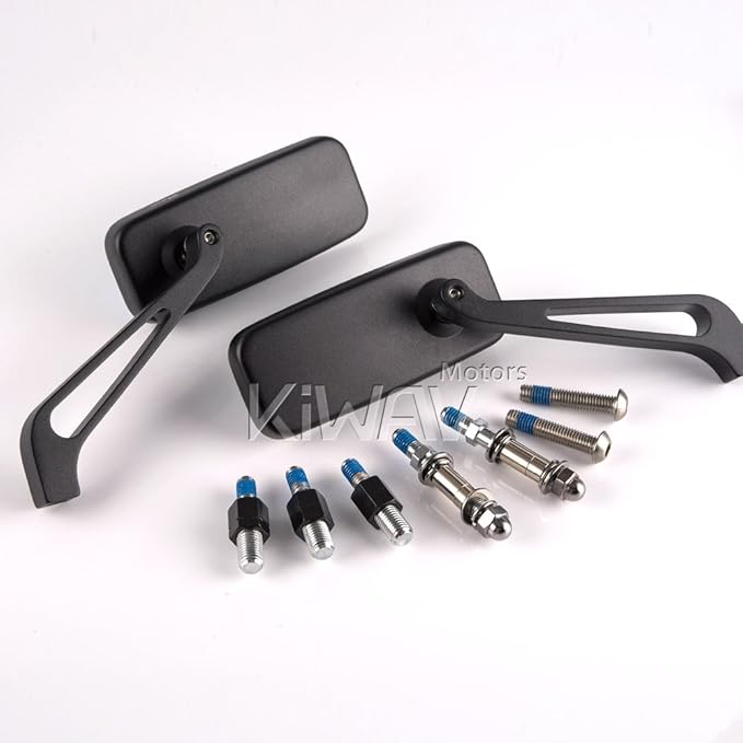KiWAV Aftermarket Motorcycle Mirrors Rectangular Classic Black Sandblasting Short Stem Convex Anti-Glare Blue Tinted Glass 10mm 5/16 Inches Adapters Pack of Pair