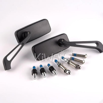 KiWAV Aftermarket Motorcycle Mirrors Rectangular Classic Black Sandblasting Short Stem Convex Anti-Glare Blue Tinted Glass 10mm 5/16 Inches Adapters Pack of Pair