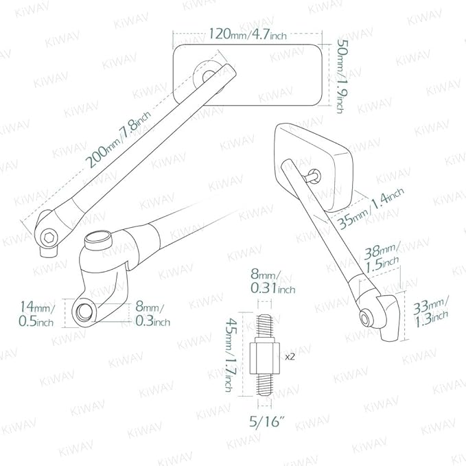 KiWAV Motorcycle Mirrors Rear View Side Rectangular ClassicPlus Black Convex Aspherical Anti-Glare Blue Tinted Glass Longer Stem Compatible for Custom Harley Street 500 750 Pack of Pair