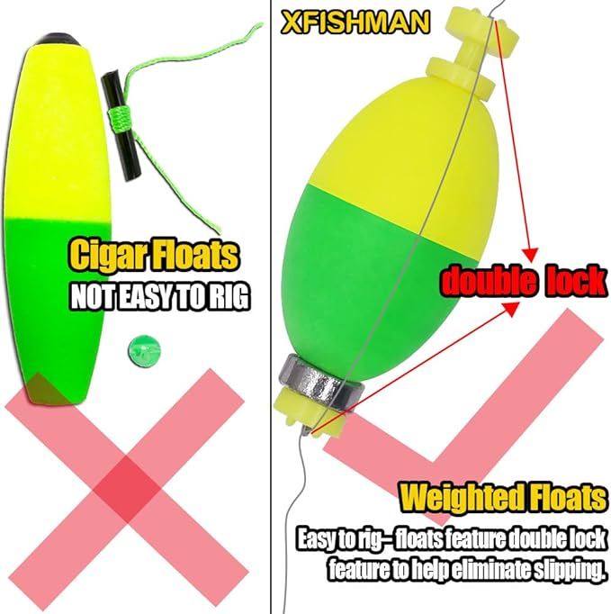 XFISHMAN Weighted-Bobbers-for-Fishing-Floats-Bouy Slip Bobber Fishing Corks Kit Crappie Bluegills Panfish Catfish Hand Made Foam Float 1 Inch 2 in 8-12 Pack