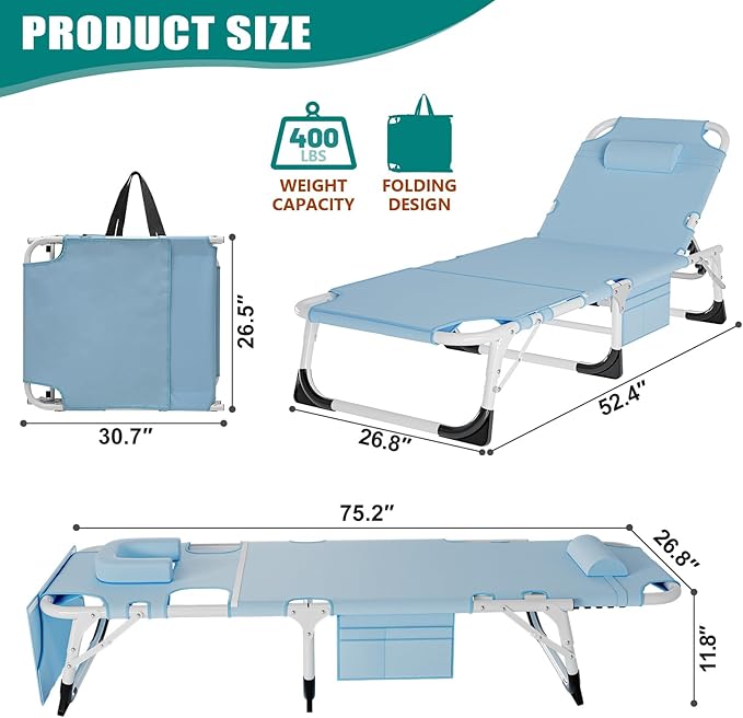 DoCred Heavy Duty Tanning Chair with Face Hole, Adjustable 5-Position Folding Chaise Lounge Chairs for Outside, Portable Lay Flat Beach Lounge Chair for Outdoor Sunbathing Beach Pool Lawn Camping