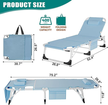 DoCred Heavy Duty Tanning Chair with Face Hole, Adjustable 5-Position Folding Chaise Lounge Chairs for Outside, Portable Lay Flat Beach Lounge Chair for Outdoor Sunbathing Beach Pool Lawn Camping