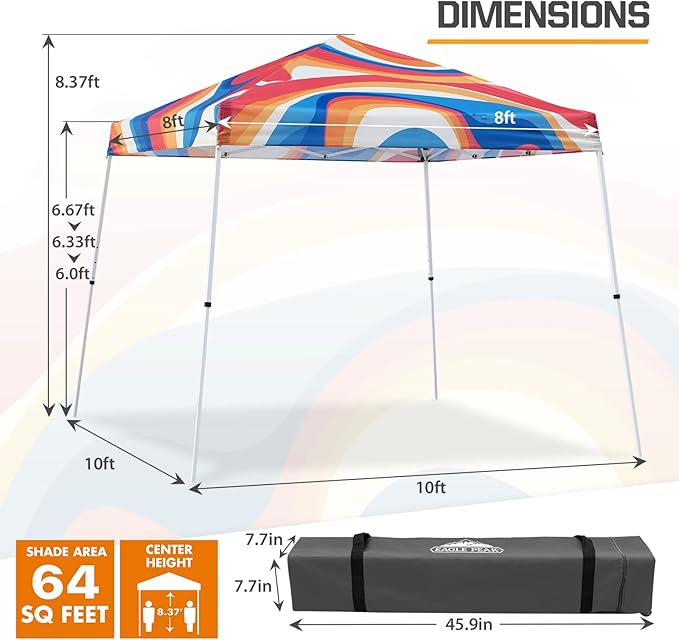 EAGLE PEAK 10x10 Slant Leg Pop-up Canopy Tent Easy One Person Setup Instant Outdoor Beach Canopy Folding Portable Sports Shelter 10x10 Base 8x8 Top (Swirl)