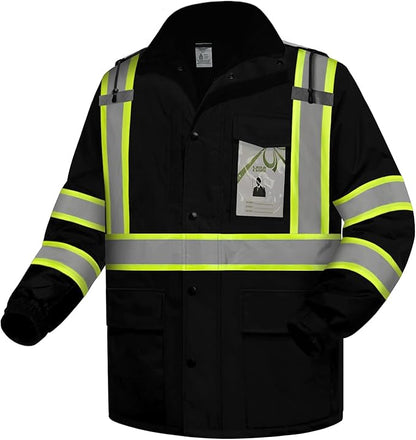 Hi Vis Rain Jackets, Reflective Safety Jacket with Pockets for Men& Women, Construction Coats for Cold Weather, Waterproof Rain Gear, Class 3, Black with Bottom Long, 4XL