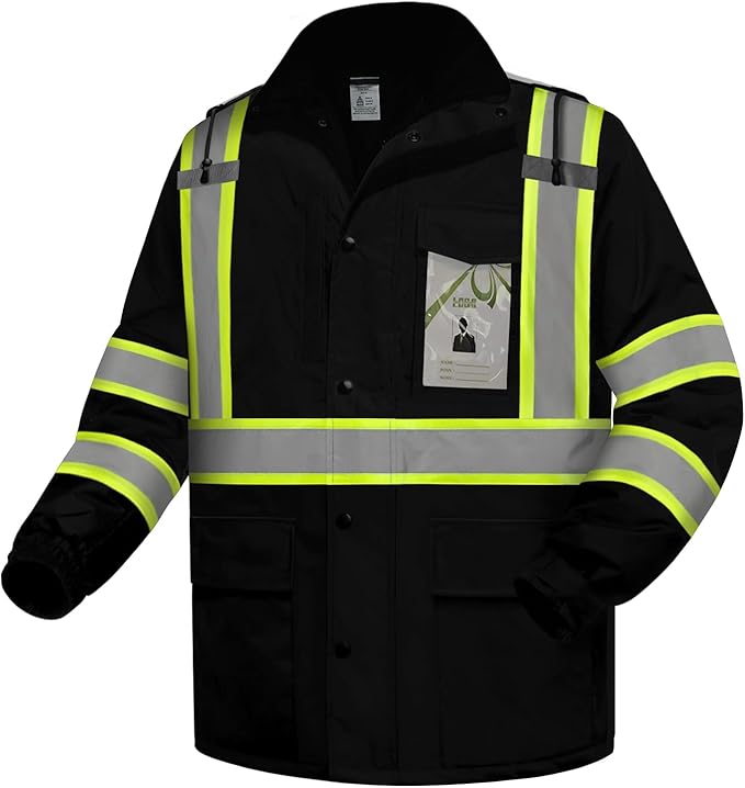 High Visibility Safety Jacket, Reflective Jacket with Pockets for Men& Women, Construction Coats for Winter Cold Weather, Waterproof High Vis Rain Gear, Class 3 Black with Bottom Long, S