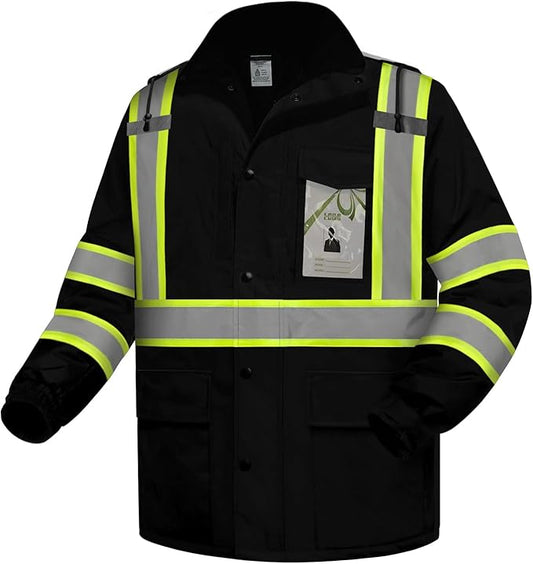 High Visibility Safety Jacket, Reflective Jacket with Pockets for Men& Women, Construction Coats for Winter Cold Weather, Waterproof High Vis Rain Gear, Class 3 Black with Bottom Long, S