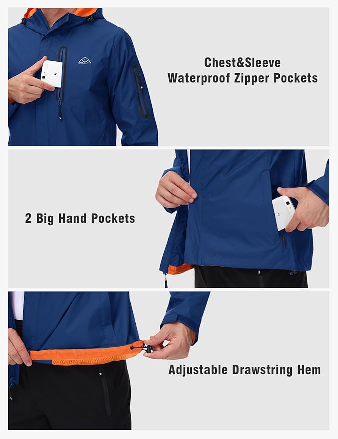 TBMPOY Men's Lightweight Rain Jackets Waterproof Raincoat with Hood Running Cycling Hiking Outdoor Windbreaker