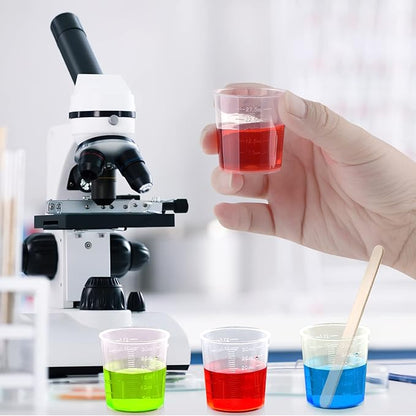 100 Pack 30ml/1oz Transparent Measuring Cups Reusable Clear Plastic Graduated Epoxy Mixing Cups with 100 Pack Wooden Stirring Sticks for Liquids Resin, Epoxy, Stain, Mixing Paint, School Labs