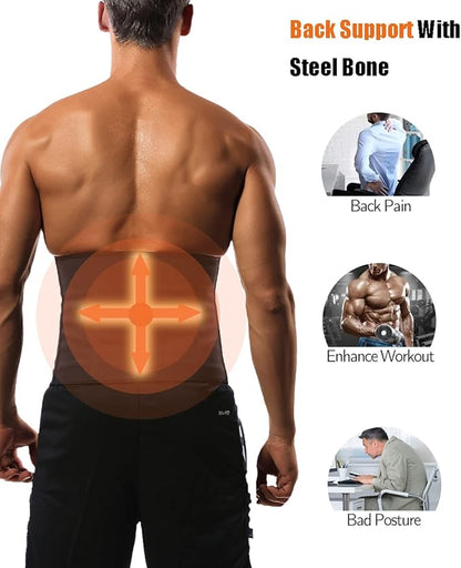 GainKee 100% Latex Men Waist Trainer Corsets With Steel Bone Sweat Belt Sauna Suit For Fitness Body Shaper