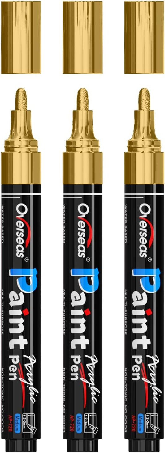 Overseas Gold Paint Pens Paint Markers - Permanent Acrylic Markers 3 Pack, Water Based, Quick Dry, Waterproof Marker Pen for Rock, Wood, Plastic, Metal, Canvas, Glass, Fabric, Mugs. Medium Tip