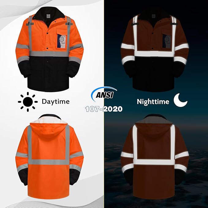 High Visibility Safety Jackets, Construction Coats with Pockets for Men& Women, Rain Jacket for Winter Cold Weather, Waterproof High Vis Rain Coat, Class 3, Orange-Black Long, 3XL