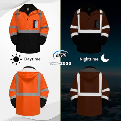 High Visibility Safety Jacket, Reflective Jacket with Pockets for Men& Women, Construction Coats for Winter Cold Weather, Waterproof High Vis Rain Gear, Class 3 Orange-Black Long, S