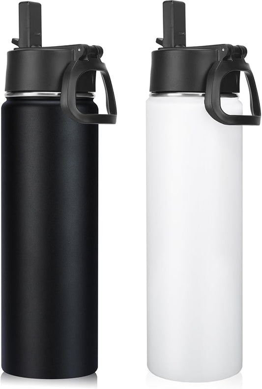 Neihepal 22 oz Insulated Water Bottles with Leak Proof Straw Lid, Wide Mouth Double Walled Vacuum Stainless Steel Metal Water Bottle (Mix,2 Pack)