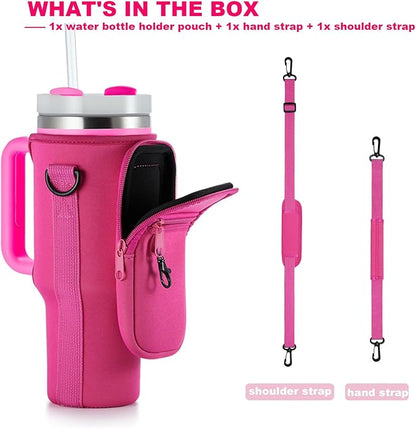 Water Bottle Carrier Bag with Phone Pocket for Stanley 40 & 30 oz Tumbler with Handle,Pink Insulated Neoprene Cup Holder Pouch w/Adjustable Strap for Quencher H2.0 Stanley Cup Accessories