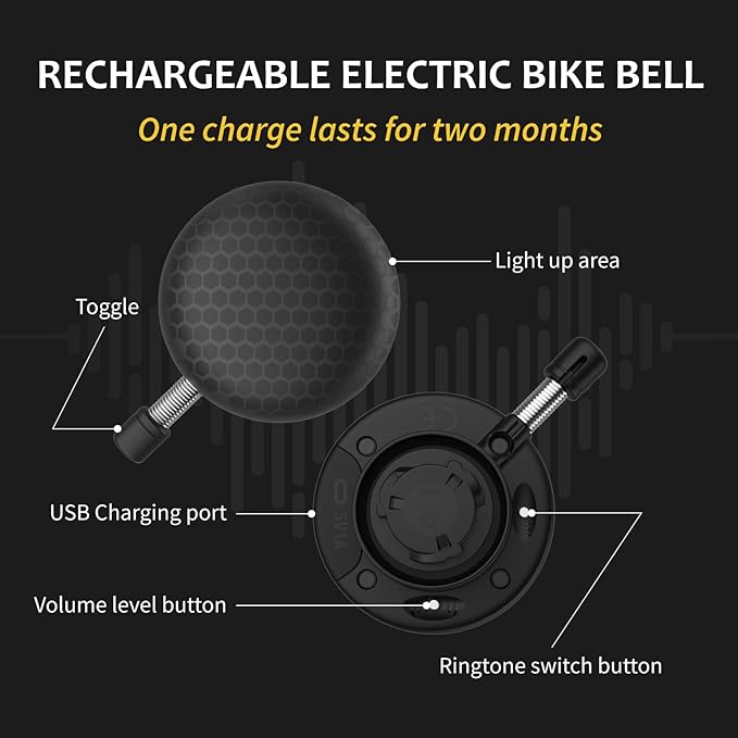 Electric Bike Ring Bell - Loud Bicycle Horn for Adult Bikes 5 Sounds 100dB - Classic Bicycle Bells for Road Bike- Rechargeable & Water Resistant, Light Up Bike Bell for Kids & Adults (Black)