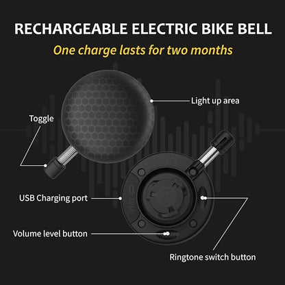 Electric Bike Ring Bell - Loud Bicycle Horn for Adult Bikes 5 Sounds 100dB - Classic Bicycle Bells for Road Bike- Rechargeable & Water Resistant, Light Up Bike Bell for Kids & Adults (Black)